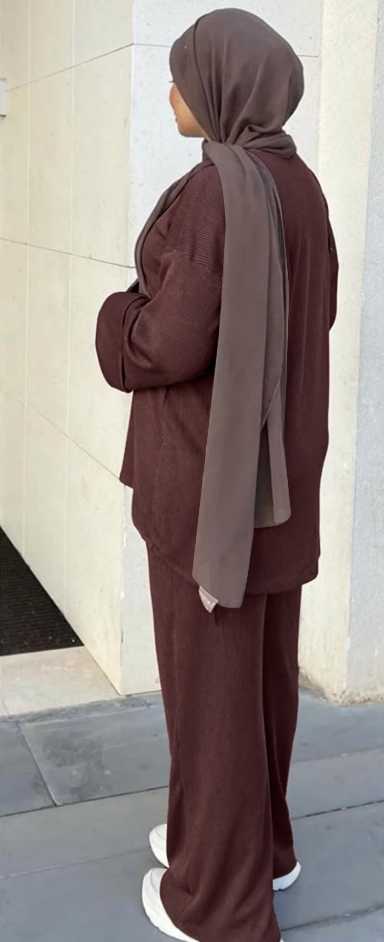 Ensemble tunique et pantalon marron ample à rayures verticales en maille pour femme, style modeste, mode musulmane