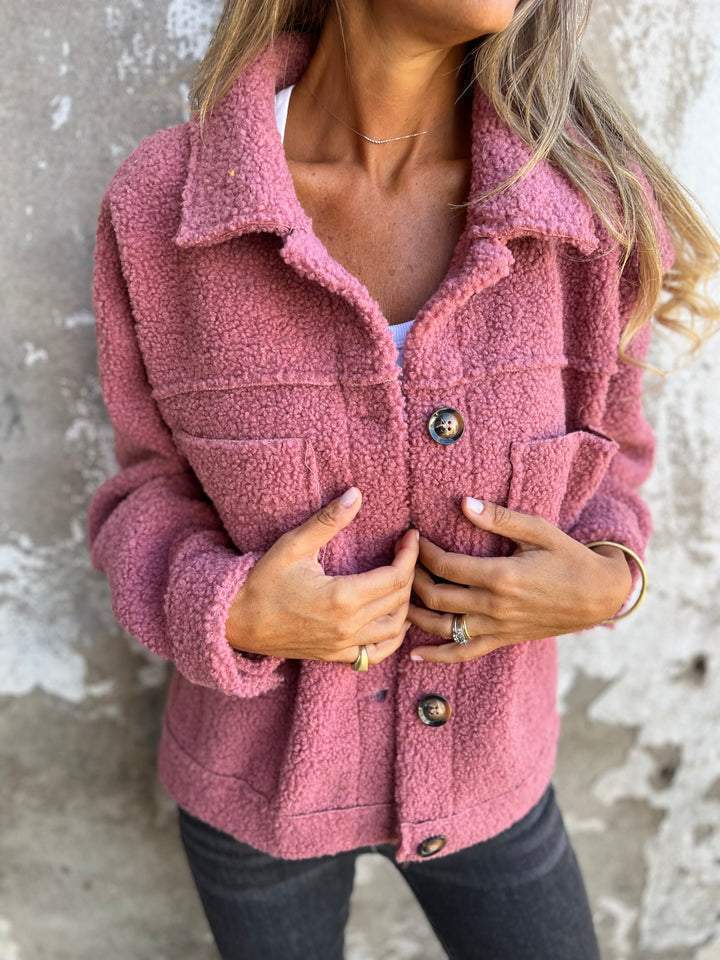 Manteau en laine d'agneau pour femme, vêtement d'extérieur chaud, veste courte, simple boutonnage, col rabattu, poches, pardessus de bureau, automne hiver