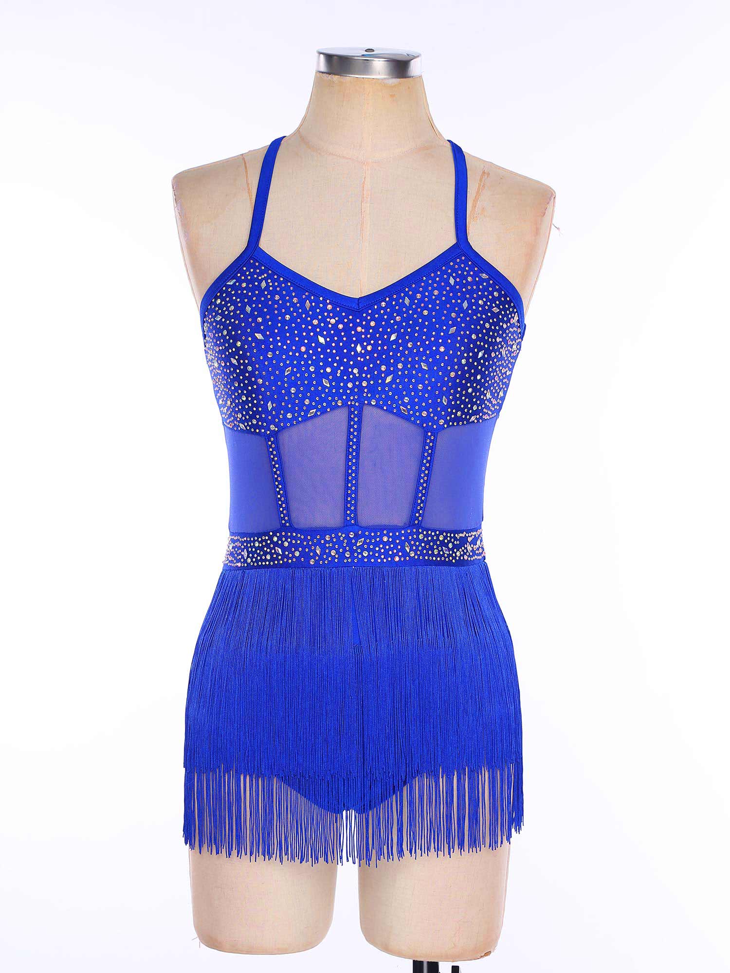 Femmes gland Latin Jazz Salsa justaucorps robe de danse Tango danse Costumes maille transparente Patchwork strass frangé body robe