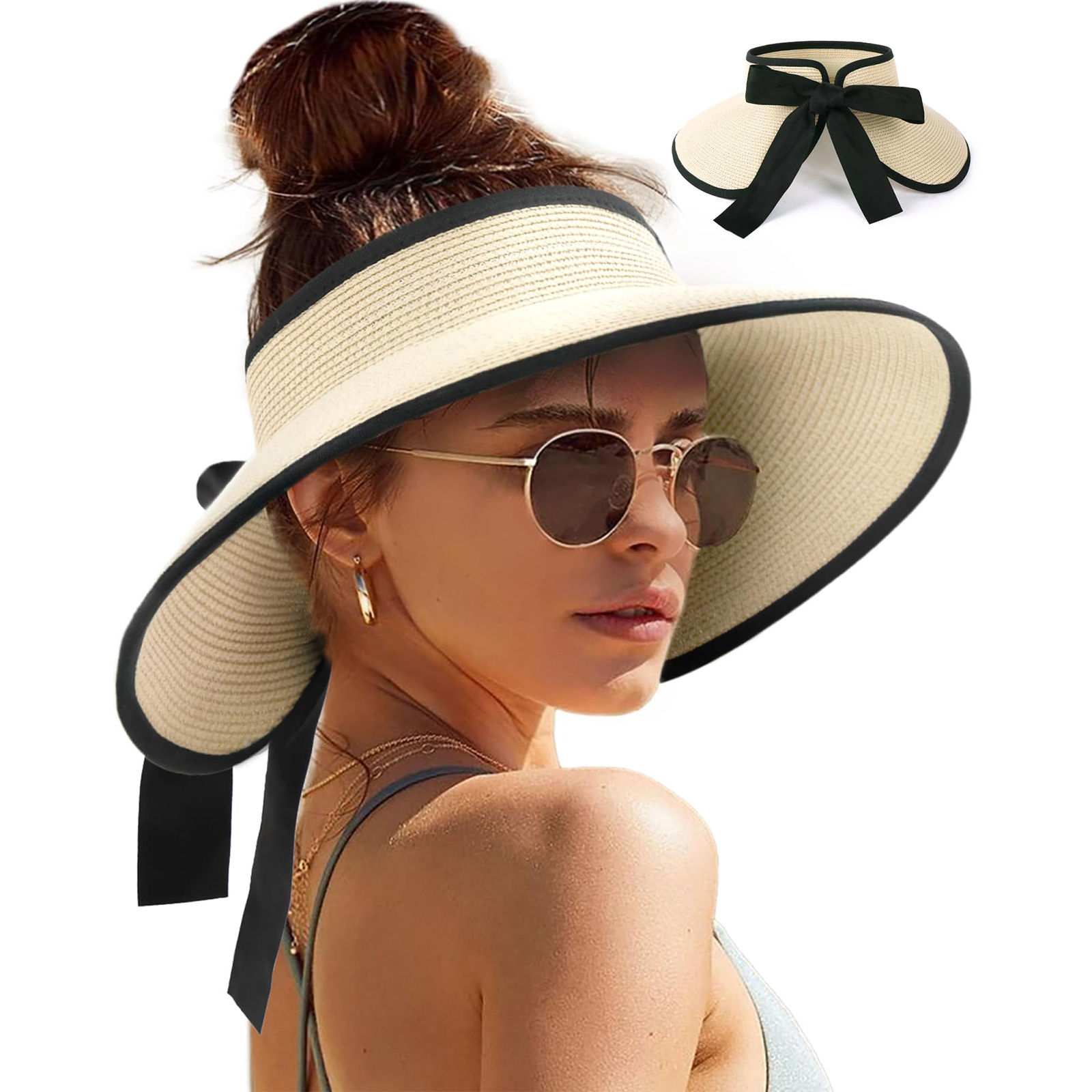 Chapeau Visière Femme avec Nœud – Essentiels d'Été Anti-UV à Large Bord – Chapeau de Plage et d'Extérieur Indispensable au Quotidien – Couleurs Multiples – Accessoire de Tête pour Femme