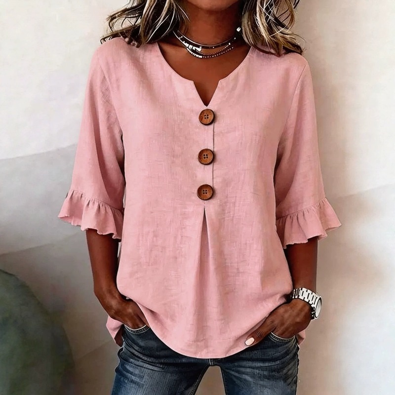 Chemisier d'été pour femmes en lin et coton, col en V, boutonné, chemises tendance pour dames