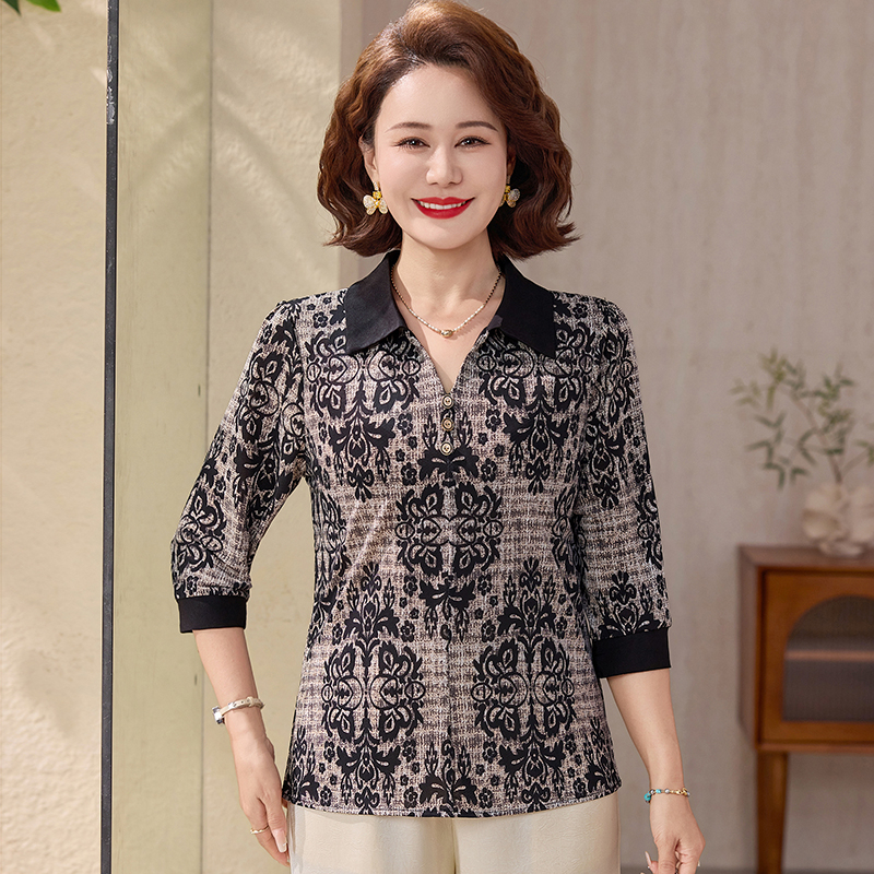 Chemisier d'été en soie glacée pour femme, style maman, col rabattu, motif floral, en soie de lait, pull-over pour femme d'âge mûr