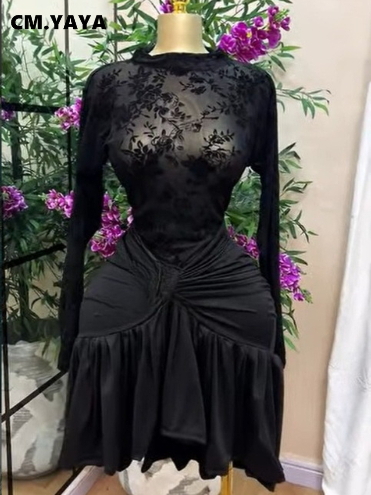 CM.YAYA Robe de soirée moulante mini pour femme, noire, en velours et maille florale, à manches longues, col montant, taille froncée, volants et ourlet asymétrique