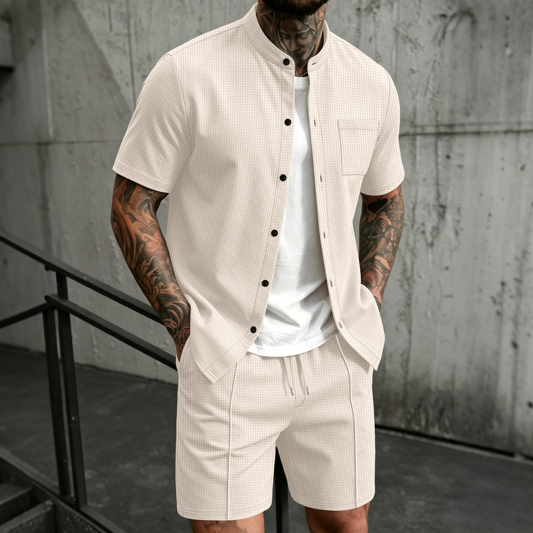 Ensemble 2 pièces pour homme, chemise à manches courtes à col montant avec poche poitrine et short à cordon de serrage, ensemble coordonné décontracté
