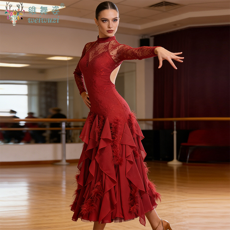 Robe de danse moderne à manches en dentelle, robes de compétition de danse de salon pour femmes, jupe à grand balançoire pour la danse de valse, costumes de performance standard