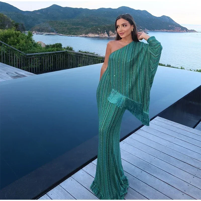 Robe longue tricotée à franges pour femmes, élégante, ample, col en v, manches longues, écharpe, Robes d'été, plage, vacances, nouvelle collection 2025