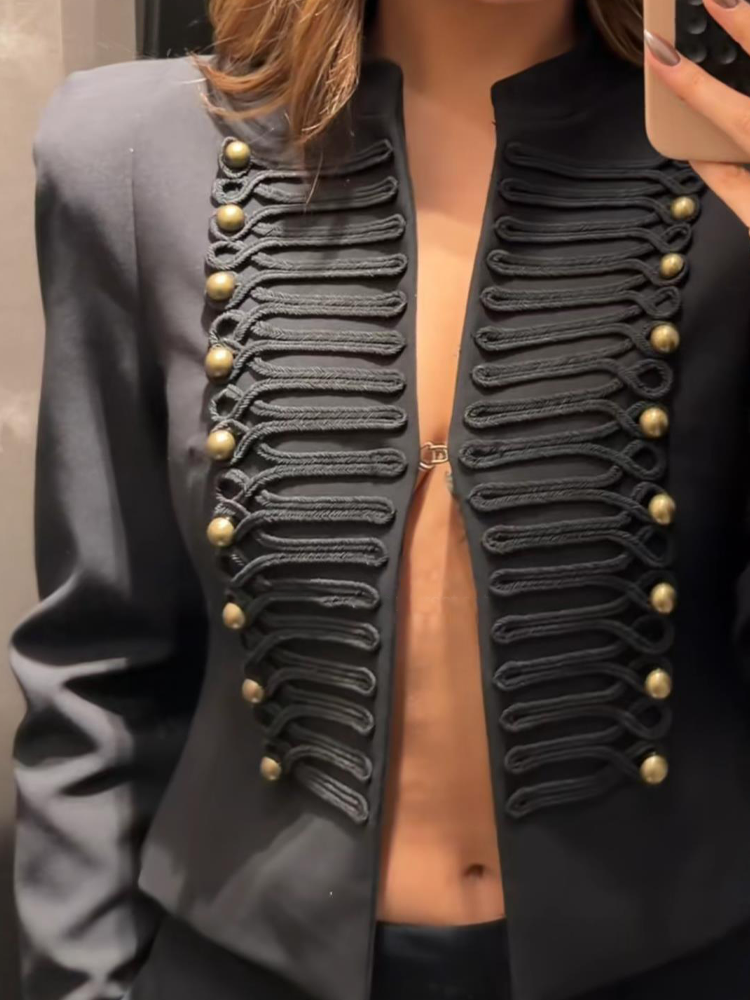 Veste de printemps pour femme, blazer court style militaire, avec bordure en cordon tressé, boutons dorés, épaulettes rembourrées, vêtements pour femme