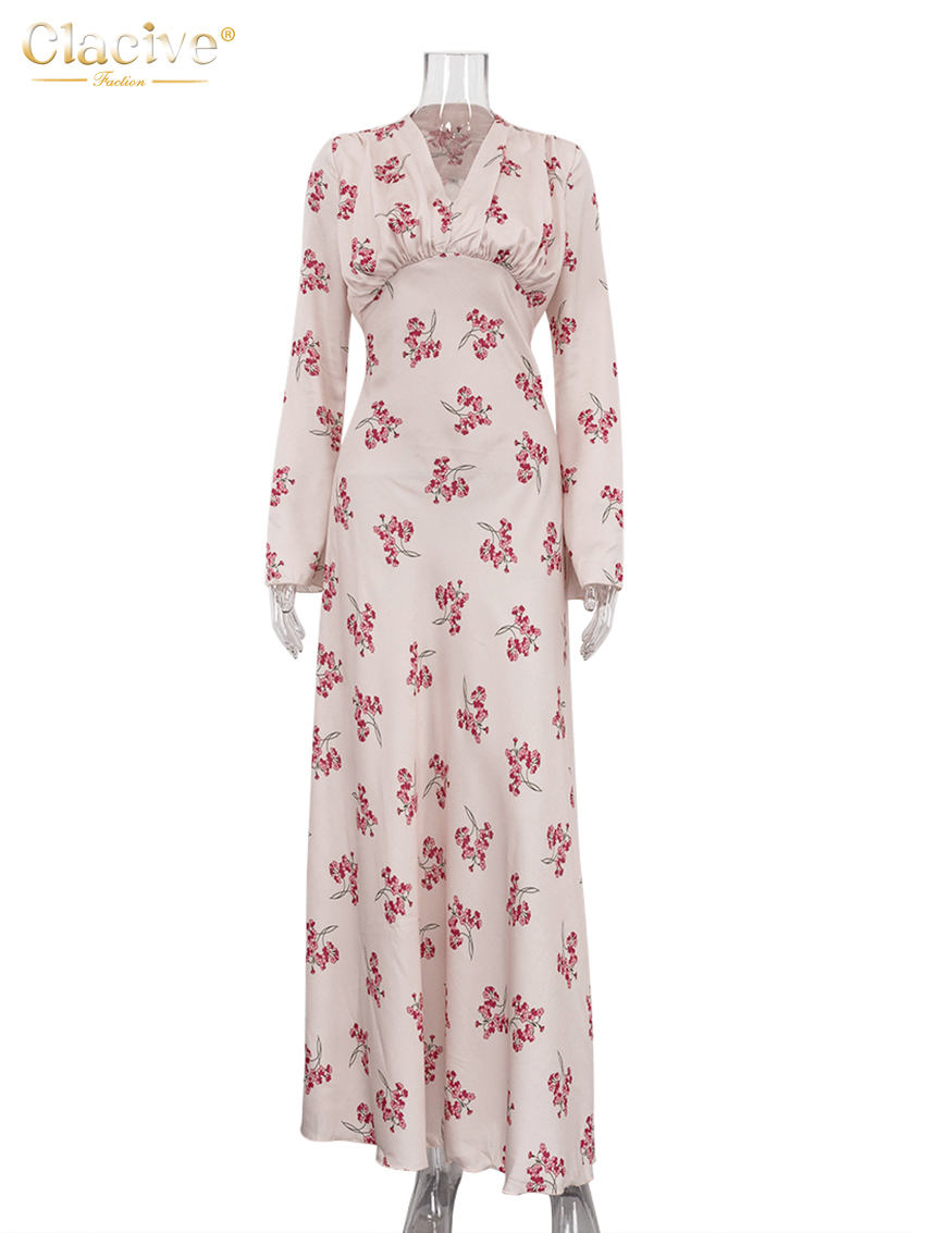 Clacive moulante imprimé robe pour femme 2025 mode col en v à manches longues robes Maxi élégant classique taille haute robe féminine
