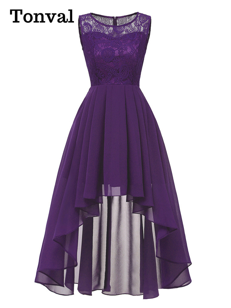 Tonval-Robe de Soirée Élégante en Dentelle pour Femme, Tenue en Mousseline de Soie, Ourlet Haut Bas, Maxi, Col Rond, Été, Vintage