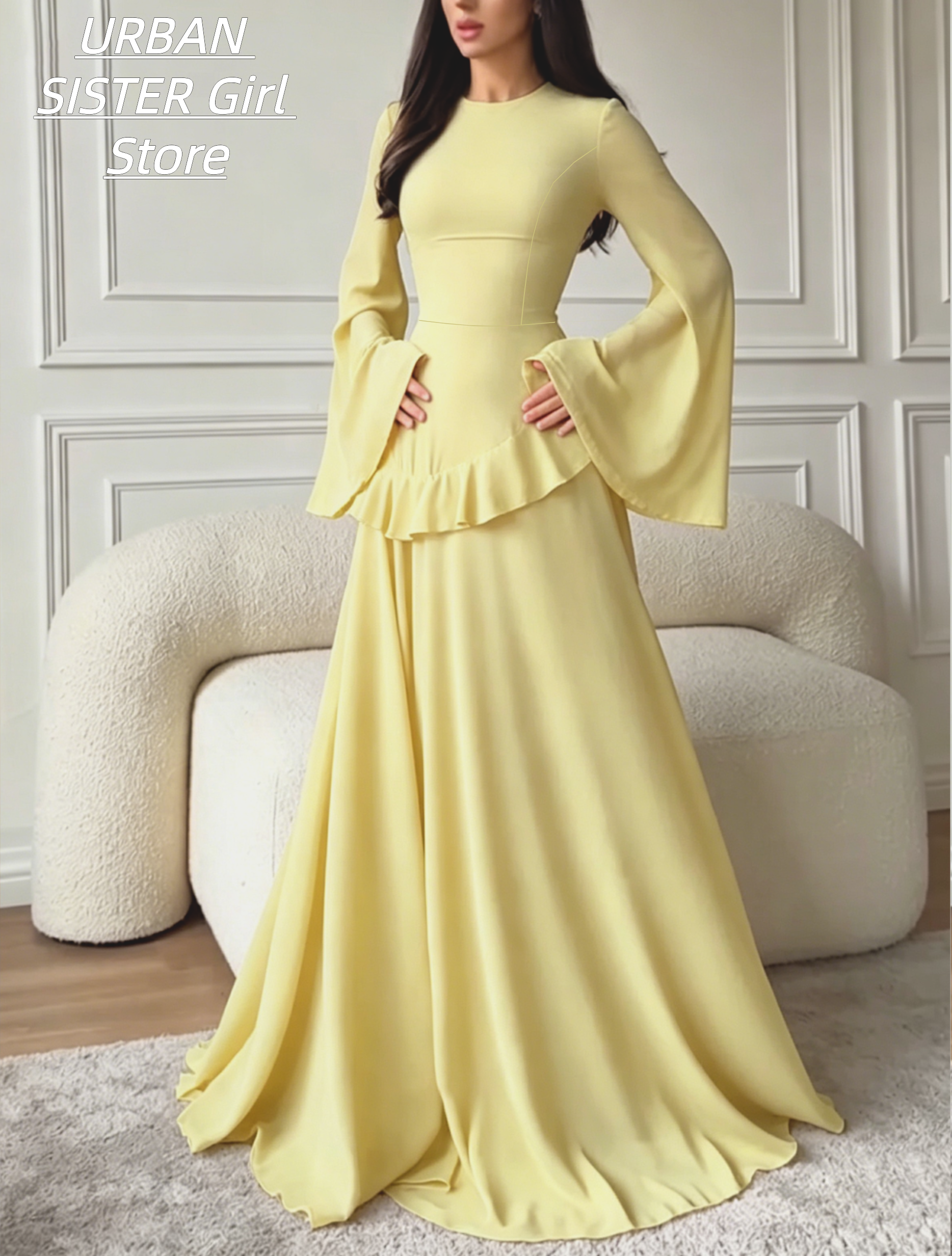 Robe longue en mousseline de soie couleur crème, col rond, manches longues évasées, taille à volants, coupe ajustée, élégante et discrète, pour mariage, banquet musulman ou soirée.