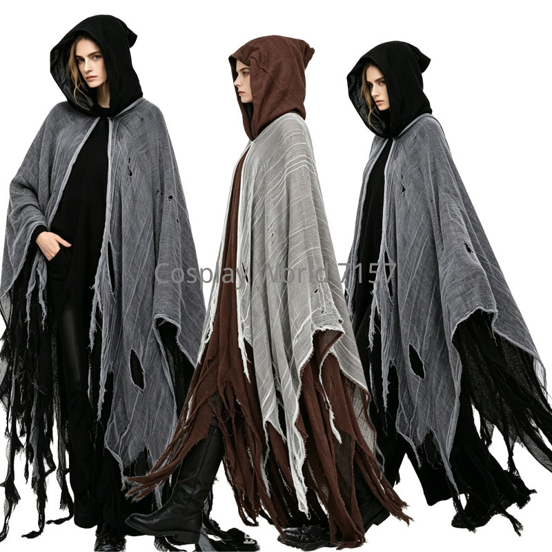 Cape de déguisement d'horreur pour adulte, style déchiré et usé, avec capuche, pour Halloween, zombie, sorcière, magicien, fête de carnaval