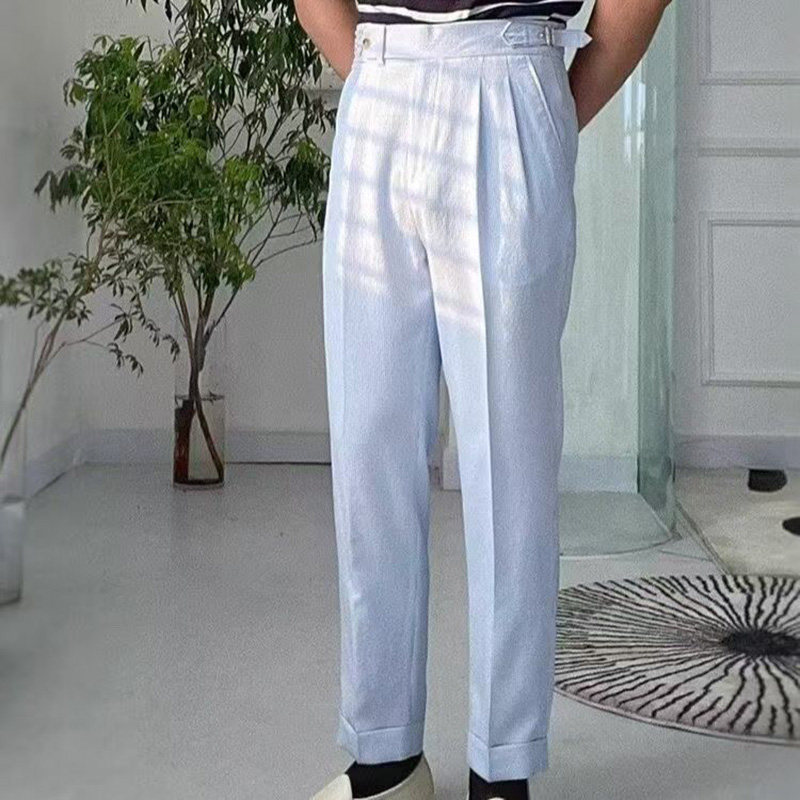Mode hommes Style italien Naples costume pantalon rayures bleues Seersucker taille haute Paris boucle pantalon angleterre affaires décontracté Pa