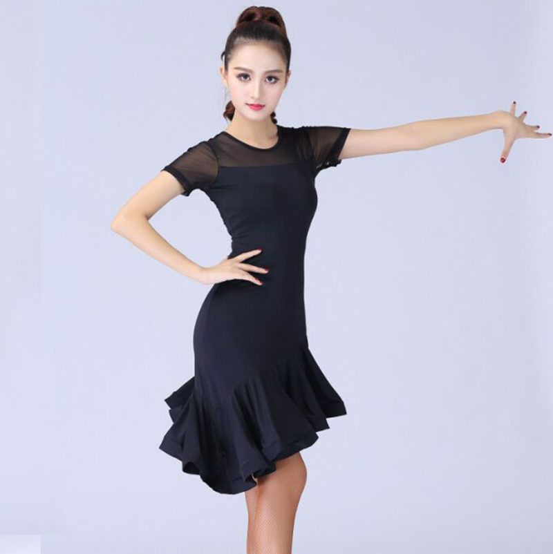 Robe de danse latine noire pour femmes, Costume de danse latine, Salsa Samba, manches courtes, robes de danse latine pour femmes
