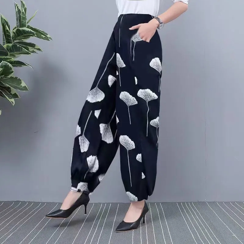 Pantalon en soie glacée pour femmes, sarouel fin, taille haute, élastique, mode imprimée, décontracté, jambes larges, nouvelle collection été 2024