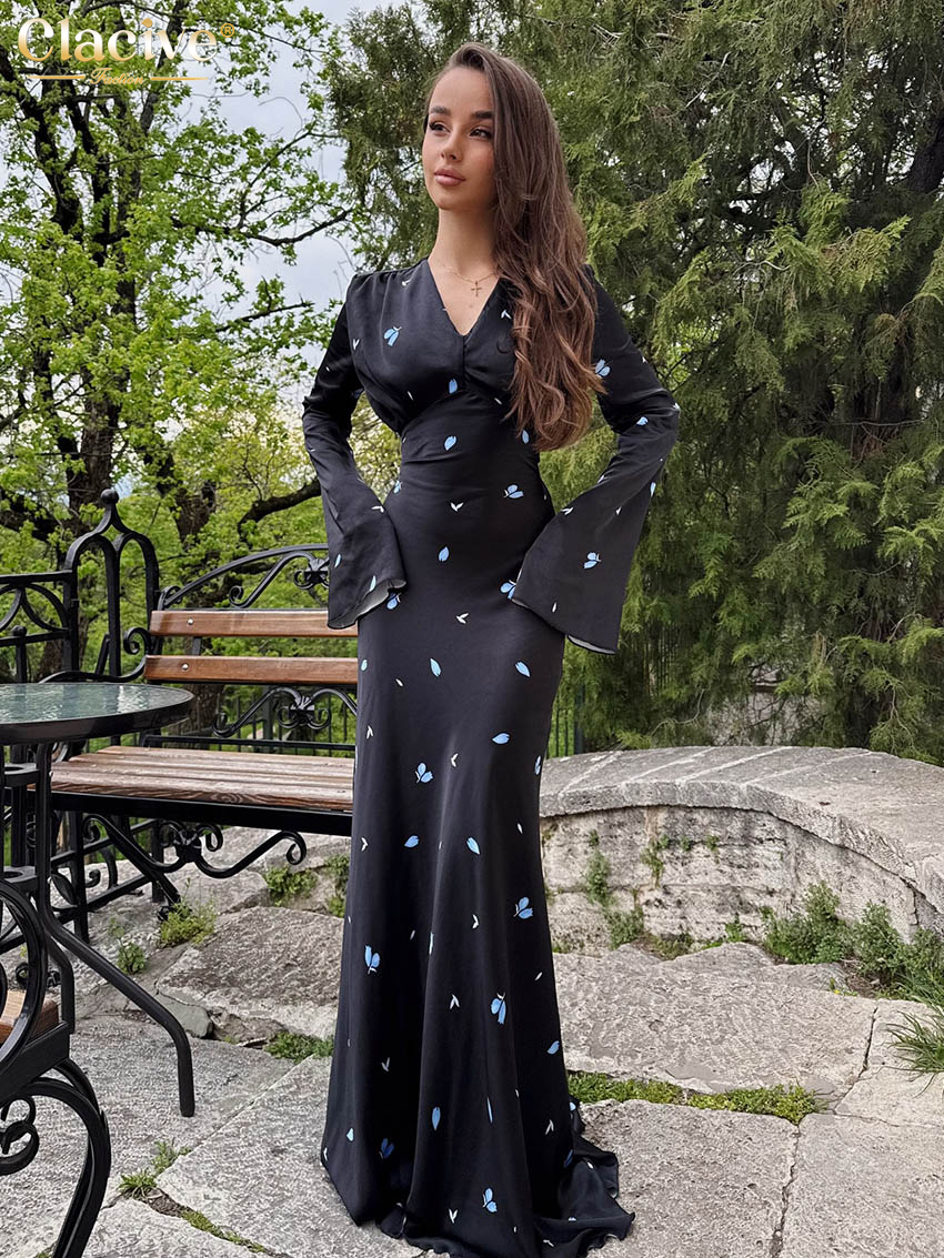 Clacive moulante imprimé robe pour femme 2025 mode col en v à manches longues robes Maxi élégant classique taille haute robe féminine