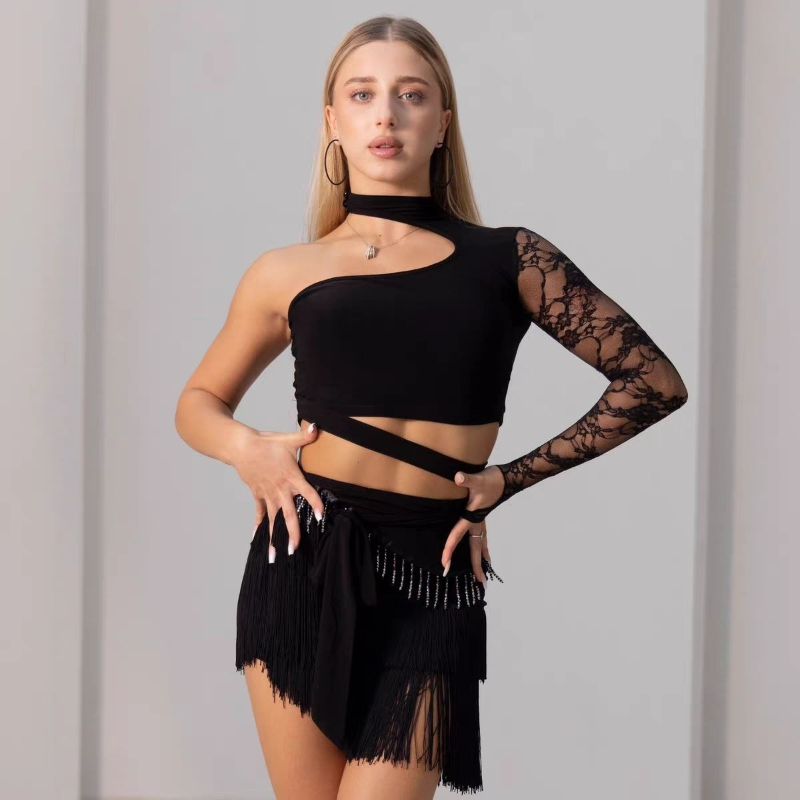 Robe de danse latine en dentelle pour femmes, ensemble haut à une seule manche noir et jupe à franges, costume de performance pour la danse Cha Cha, entraînement de Samba, Rumba