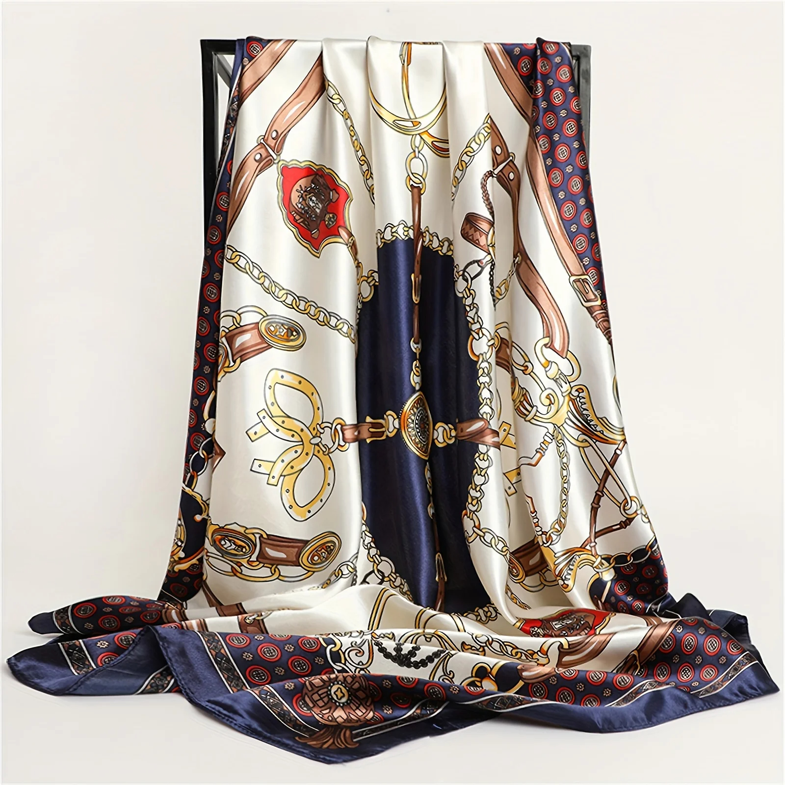 Foulard Hijab carré imprimé chaîne, châle en Satin fin et élégant, foulard de protection solaire pour femmes