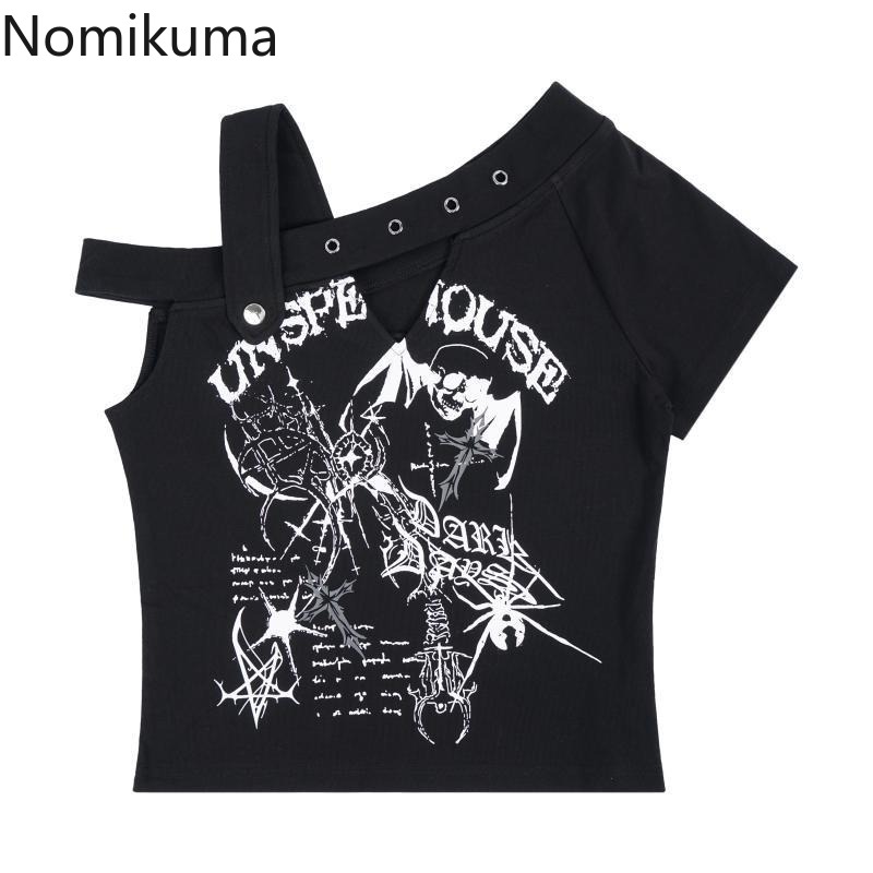 Économie Harajuku Y2K pour femmes, mode japonaise, punk noir, crâne, t-shirts courts, col en Y, tunique, hors initié