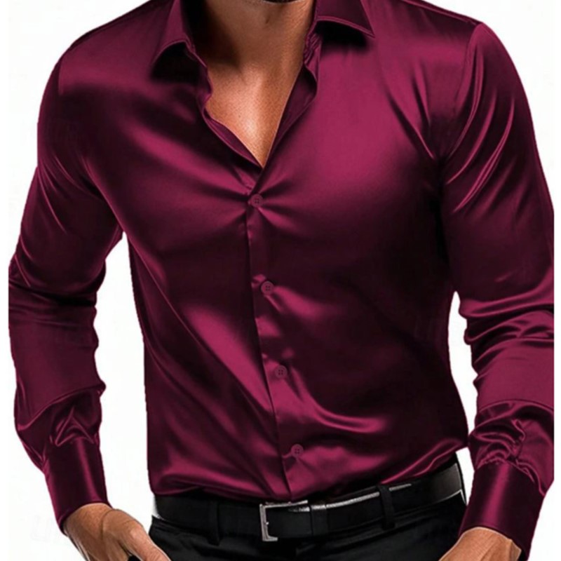 Chemises d'affaires décontractées en Satin de soie pour hommes, manches longues, simple boutonnage, boutons, col rabattu, vêtements de fête de mariage, chemisier