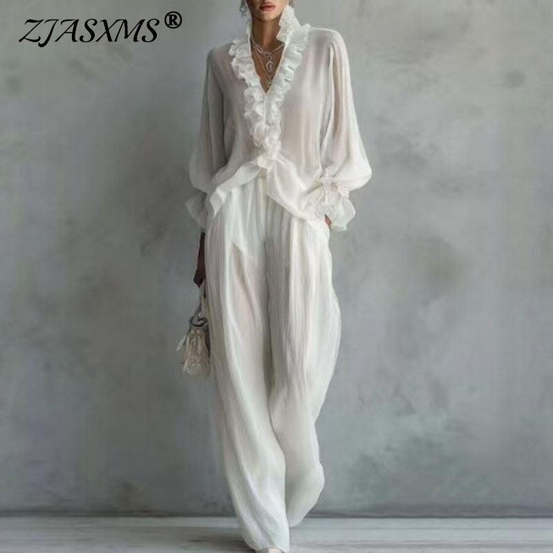 Ensemble décontracté blanc 2 pièces pour femme, chemisier sexy à volants col en V manches longues et pantalon large, tenue bohème printemps-été