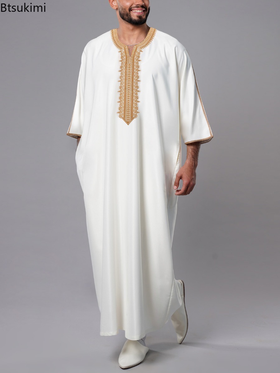 Vêtements musulmans de style ethnique 2026, robe d'Eid du Moyen-Orient, robe pour hommes, thobe, kaftan arabe islamique avec poche, abayas amples et décontractées brodées