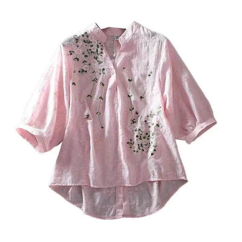 Chemises littéraires en coton pour femmes broderie fleurs femme Blouses col en v demi manches dentelle Blouses été mince haut femme chemise