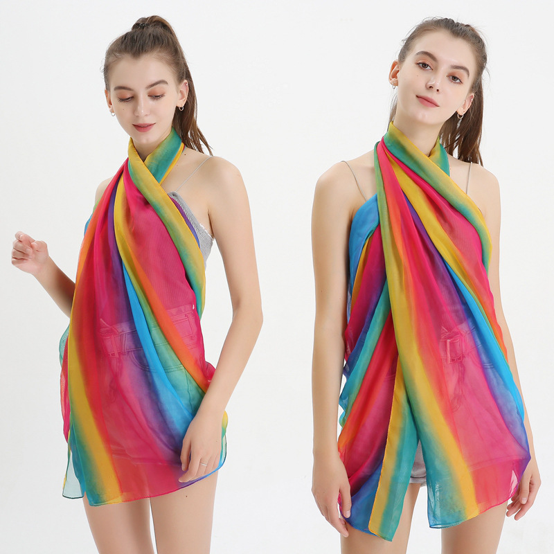 Écharpe de Plage en Mousseline de Soie pour Femme, Châle Imprimé à Points Longs, Arc-en-ciel, Cadeau Chaud, Nouvelle Collection Automne Hiver