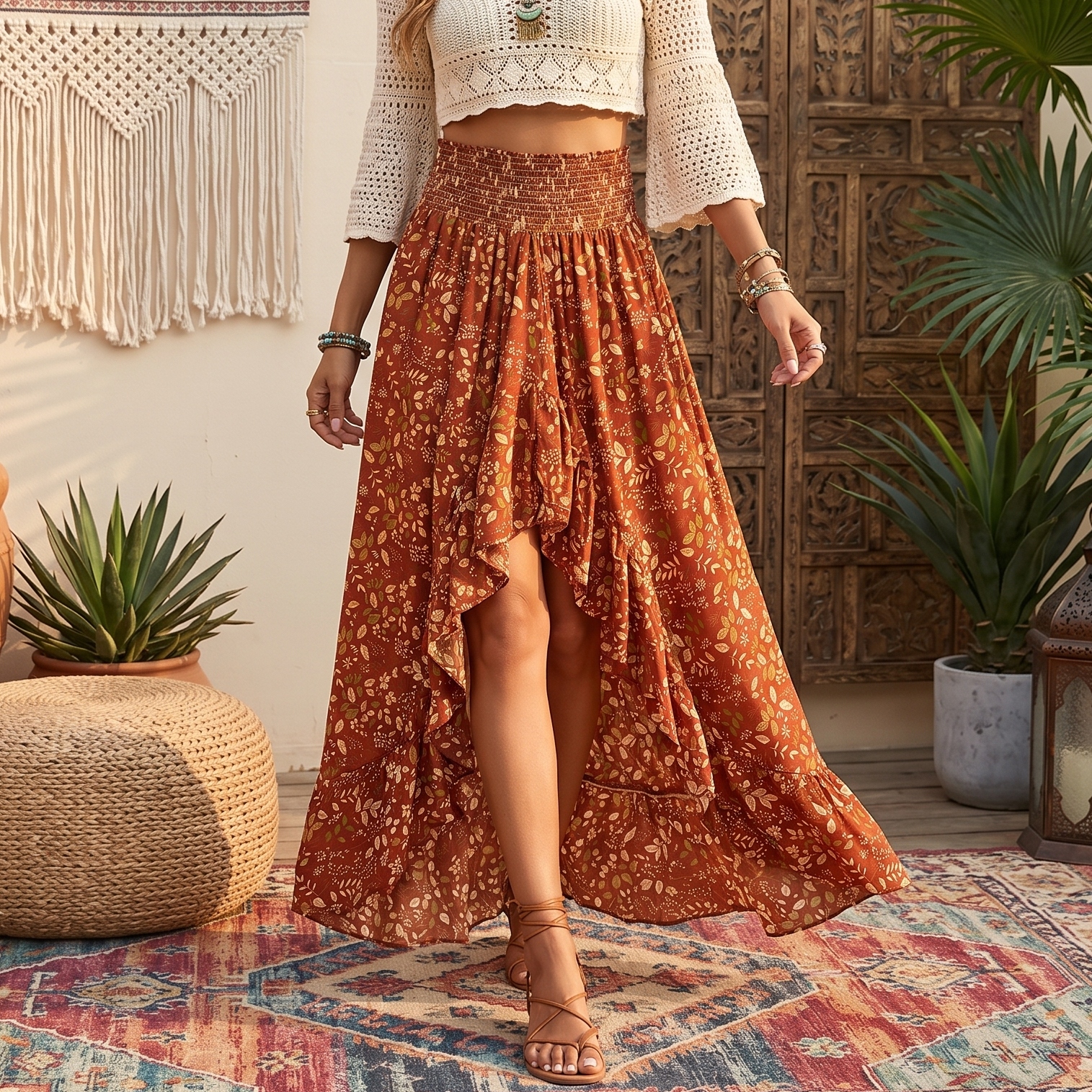 Jupe longue maxi bohème à imprimé floral pour femme, jupe d'été à volants superposés coupe trapèze, taille haute élastique, pour plage et soirée, imprimé ethnique