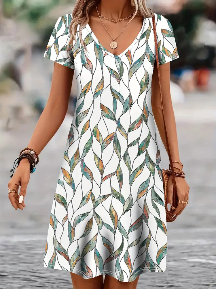 Robe courte imprimée décontractée pour femmes, élégante et rétro, col en v, manches courtes, droite, longueur aux genoux, été