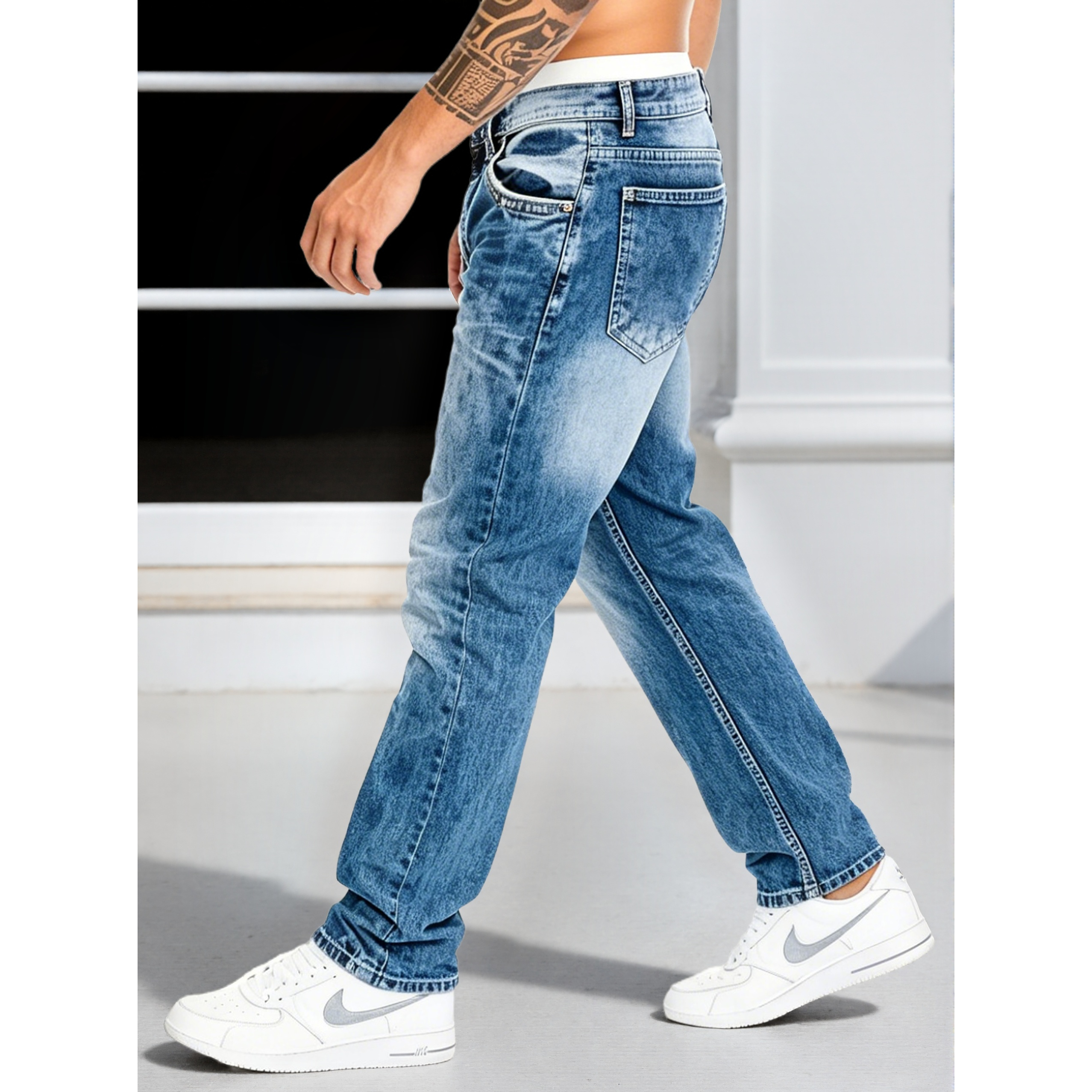 Jeans pour homme, pantalon classique coupe droite, denim extensible, vintage, couleur unie, pour un style streetwear