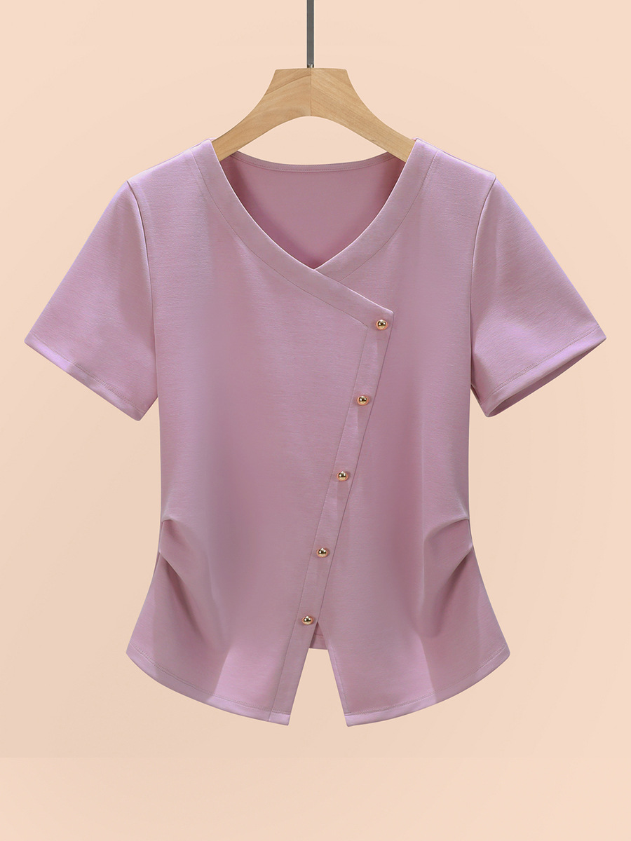 T-Shirt blanc à la taille pour femmes, Style français, col en V, manches courtes, chemisier à la mode, été 2025
