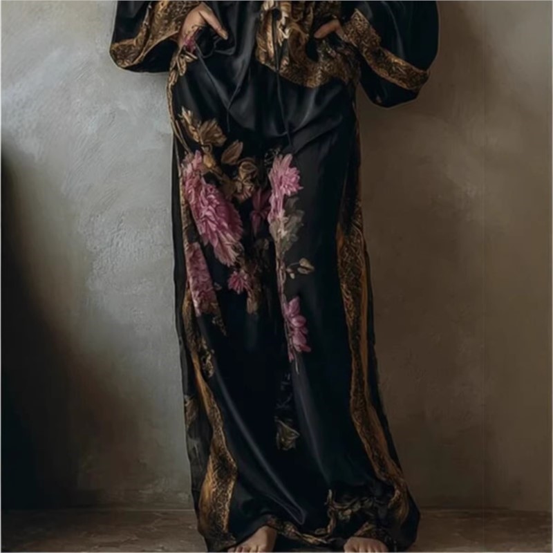 Ensemble deux pièces pour femme Printemps-Été 2026, imprimé vintage, haut en dentelle ample à décolleté plongeant sexy et pantalon décontracté à jambes larges