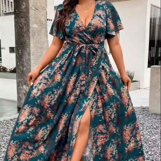 Robe longue élégante à imprimé bohème vert turquoise et marron pour femmes, col croisé, design à ourlet en A, convient aux occasions formelles