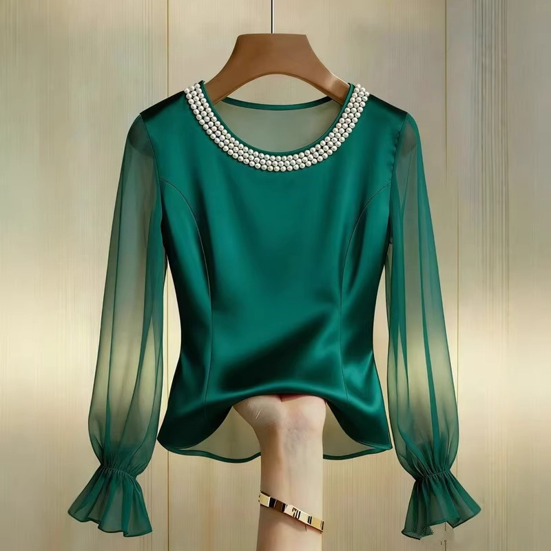 Chemisier élégant en satin pour femme, manches longues transparentes, en soie, avec col rond perlé, coupe ample, tendance été
