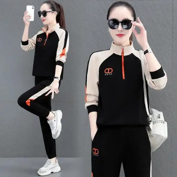 Ensemble de vêtements de sport pour femmes, coupe ample décontractée, col montant, tenue de course, deux pièces, style bicolore, printemps automne, nouvelle mode