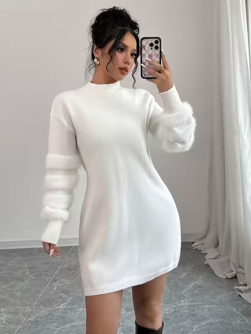 Robe décontractée pour femmes, couleur unie, col montant, coupe ample, tricot patchwork, ceinture non incluse, vêtements pour femmes automne/hiver