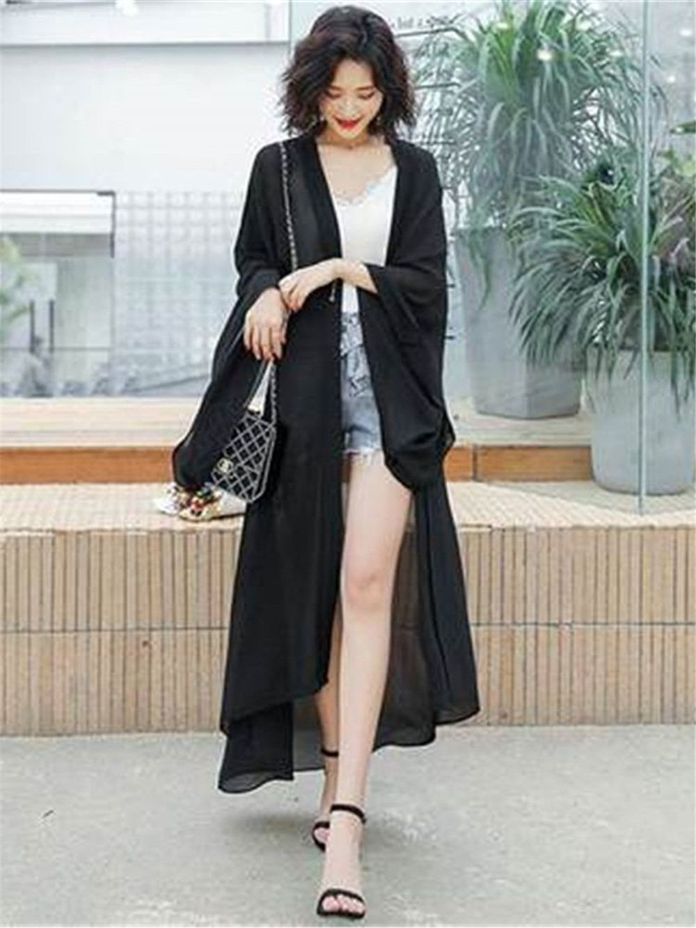 Kimono en mousseline de soie pour femme, cardigan blanc noir et rouge, protection solaire, manches longues chauve-souris, été
