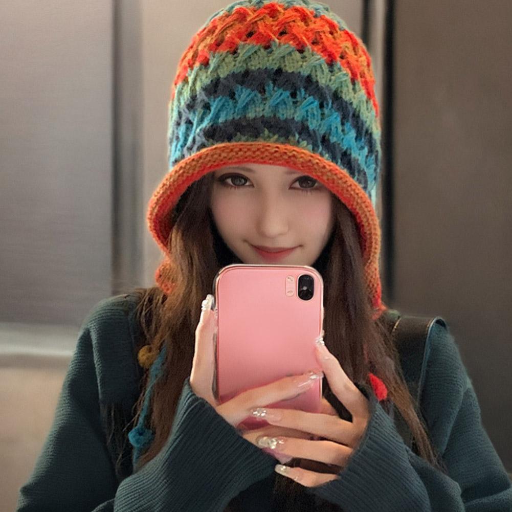 Bonnet en laine tricoté à rayures arc-en-ciel colorées pour femmes, Bonnet de Protection des oreilles au Crochet chaud d'hiver pour filles, Bonnet coupe-vent de neige