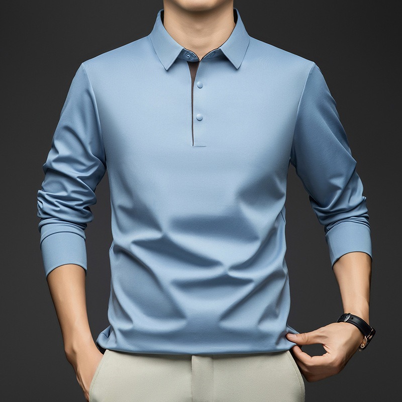 Polo à manches longues pour hommes, en mélange de soie de mûrier, col classique, idéal pour un style décontracté et professionnel, couleur unie, pour hommes d’âge mûr.