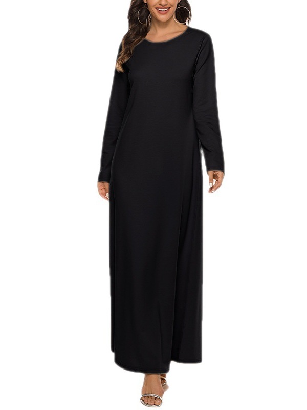 Robe de culte musulmane pour femmes, manches longues, col rond, robe unie du Moyen-Orient, robe de document basique