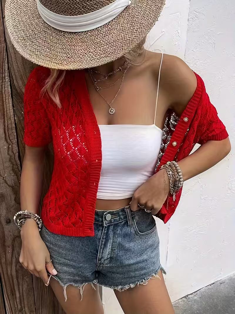 Cardigan en tricot décontracté à col en V et manches courtes pour femme