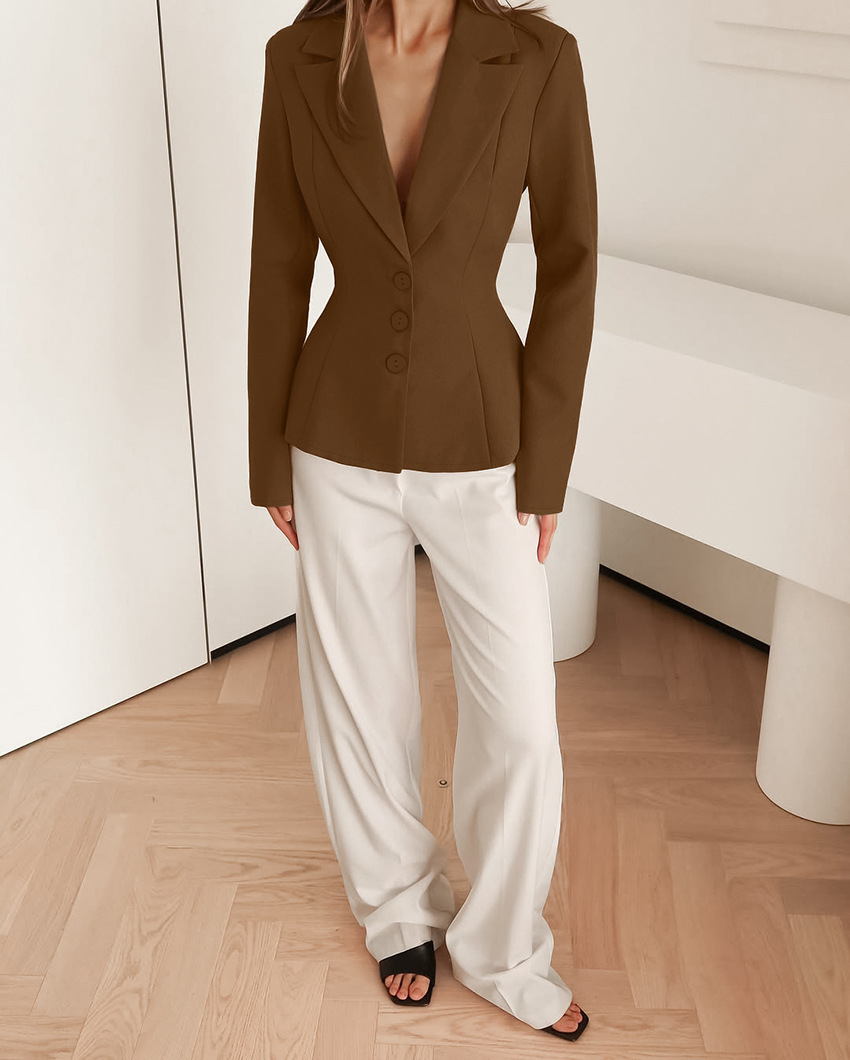 Veste femme 2025 printemps automne nouveau col cranté à manches longues cintrée à la taille élégant bureau dame Blazer avec épaules rembourrées