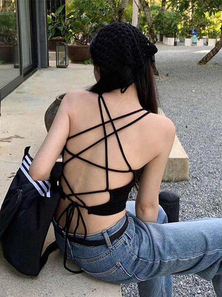 Y2K femmes hauts dos nu haut court sans manches Sexy mignon noir gilet débardeur été recadrée gilet femme 2000S vêtements