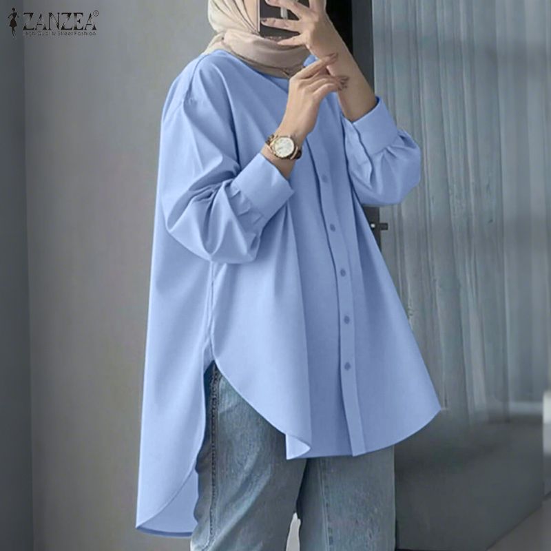 Mode femmes chemise 2026 ZANZEA chemisier musulman automne printemps revers cou à manches longues hauts solide haut bas travail chemise Mujer surdimensionné