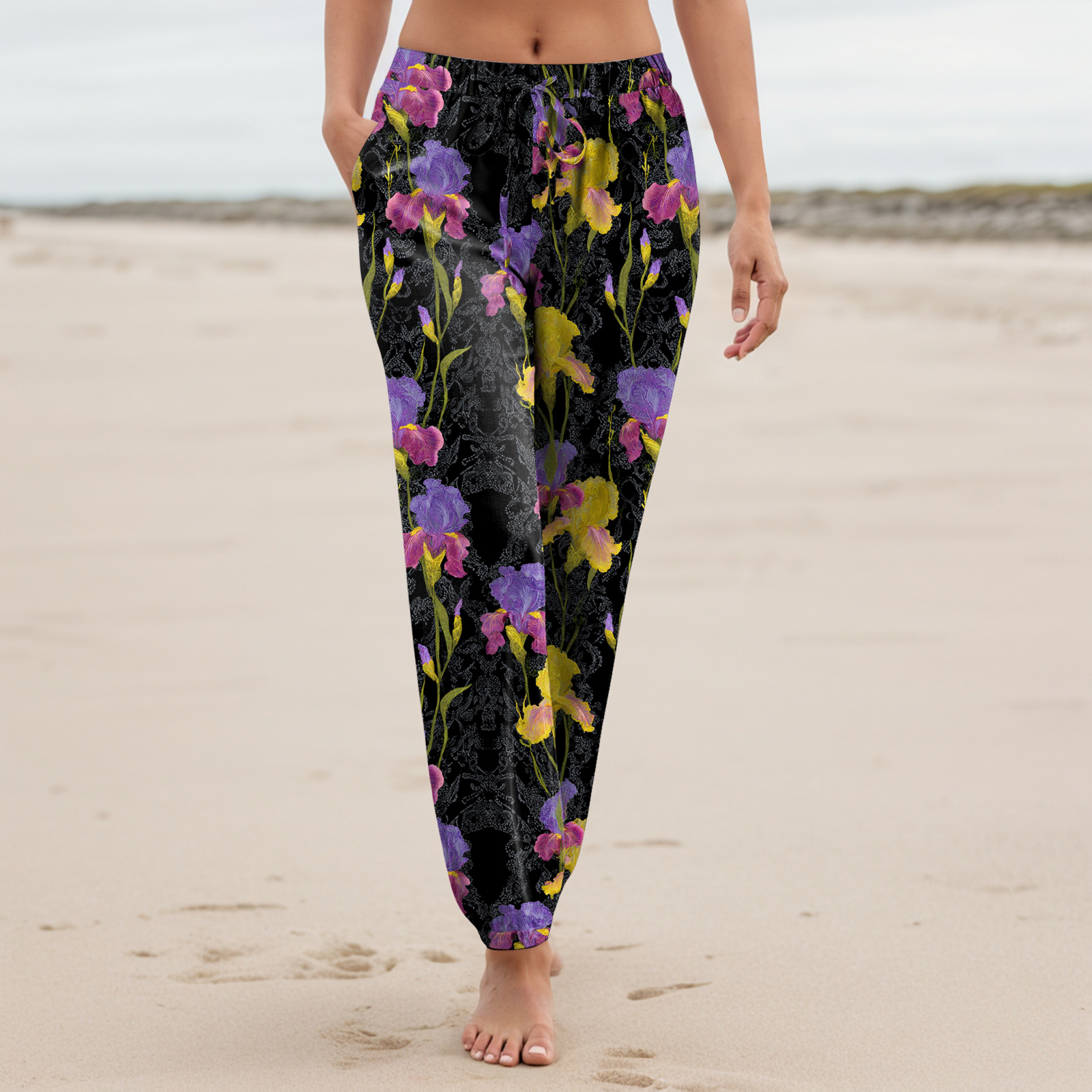 Pantalon de plage bohème à fleurs pour femmes, léger, décontracté, style harem, taille haute, avec poches, pour les vacances, pantalon long