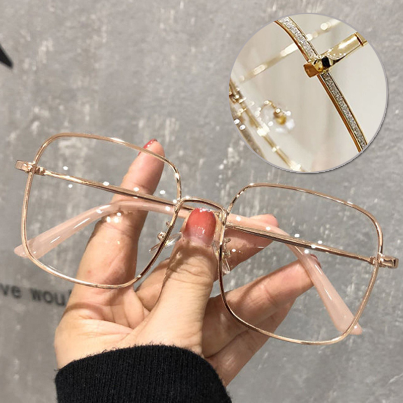 Mode métal grand cadre carré Anti lumière bleue lunettes or argent noir lentille paillettes lunettes plates Production des yeux lunettes unies