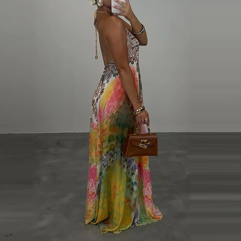 Robe de soirée décontractée, taille haute, Sexy, col en v, dos nu, sans manches, Robes de vacances, élégante, imprimée bohème, ample, pour femmes