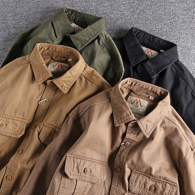Chemise à manches longues pour hommes, uniforme de style n, lavage à la mode, double poches, veste décontractée pour jeunes, manteau fin