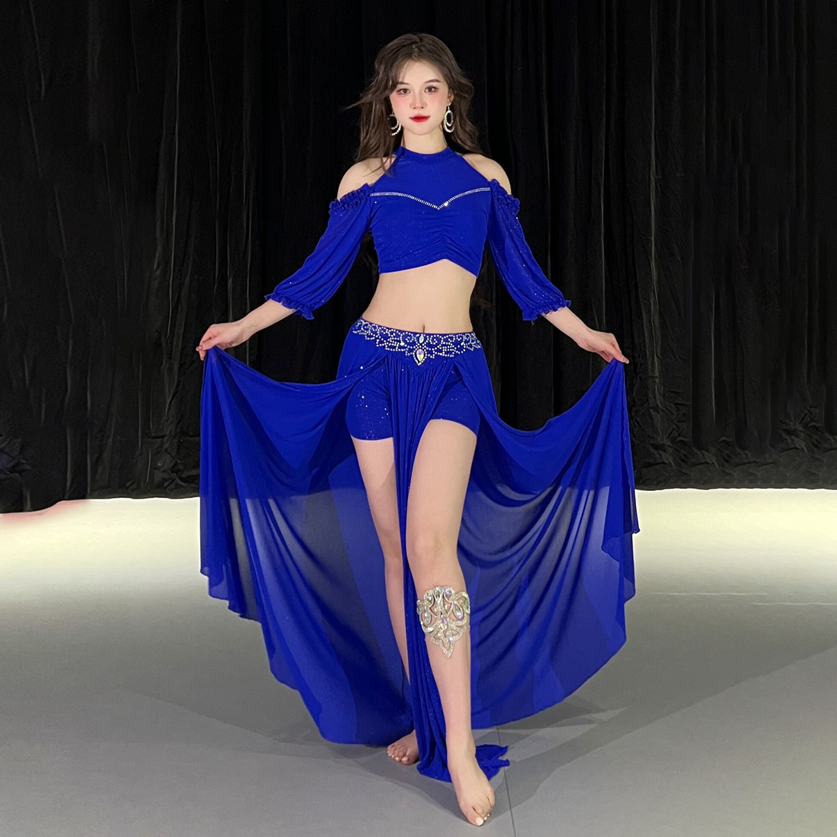 Ensemble de costumes de danse du ventre pour femmes, haut en gaze à demi-manches + jupe fendue avec pierres AB senior, tenue de danse du ventre orientale pour adultes, 2 pièces