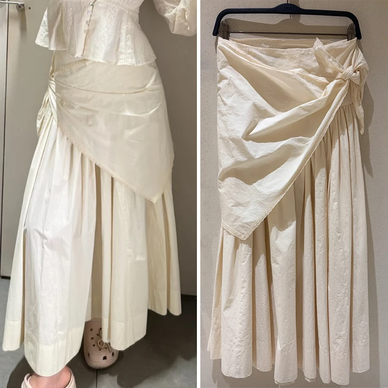 Jupe pour femme Nouvelle Collection Printemps-Été Beige Effet Écharpe Moelleuse Longueur Midi Décontractée Chic et Originale